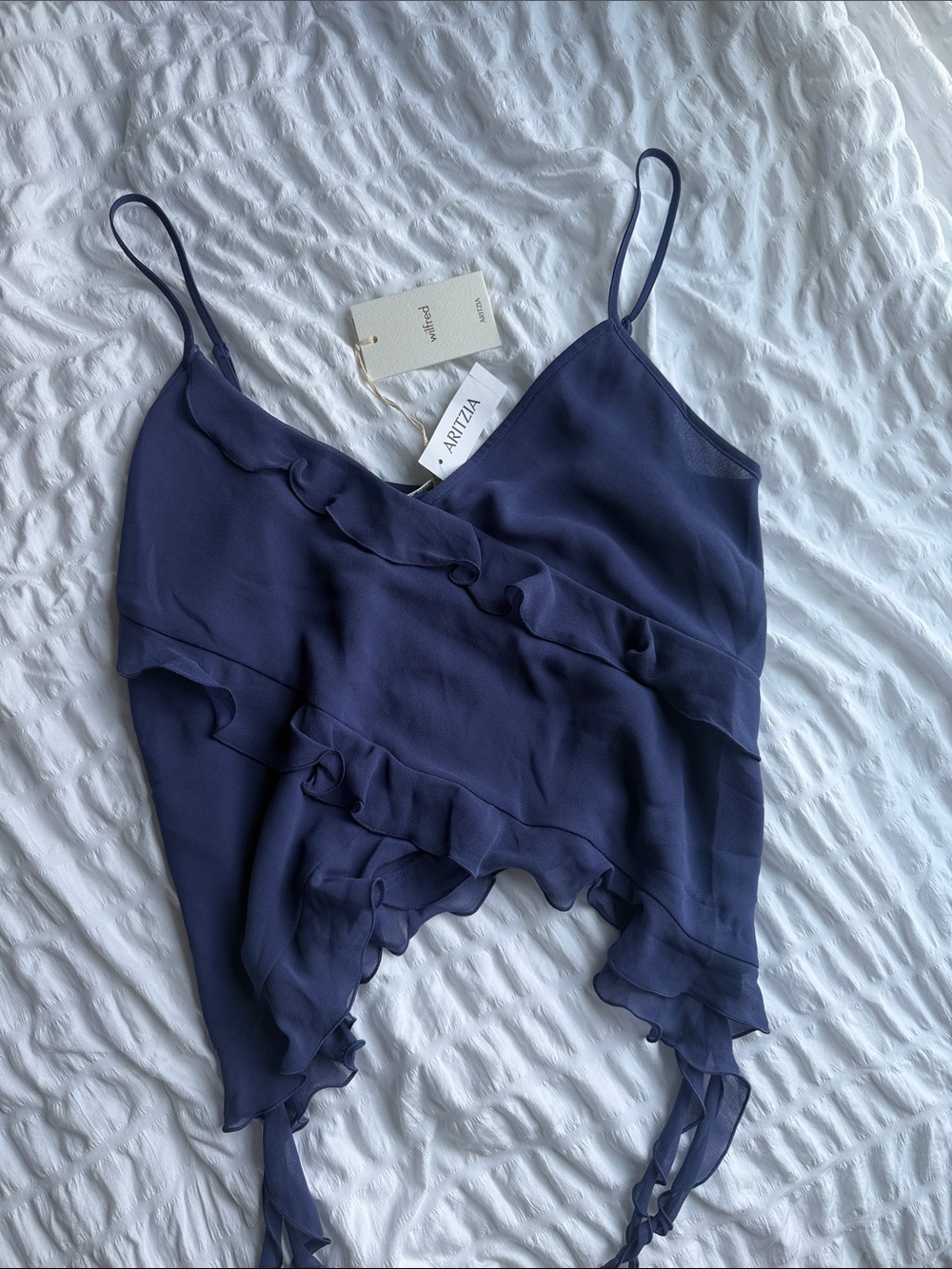 Aritzia Navy Ruffle-Trim Spaghetti Strap Cami